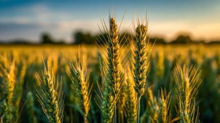 Flowing stalks of ripe wheat bask in the golden glow of sunset, creating a serene and expansive rural scene under a clear blue sky and soft natural backdrop.の写真素材