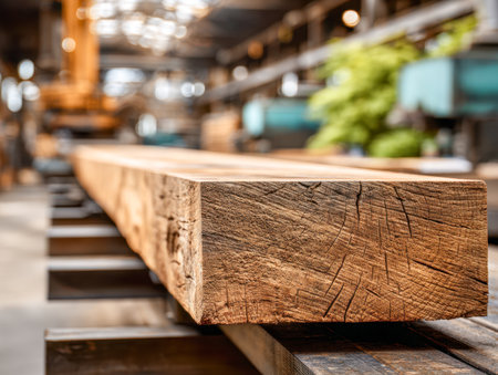 A detailed shot highlighting the rough grain and natural patterns of a wooden beam, set against a luminous workshop scene filled with tools and timber activity.の写真素材