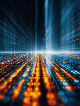 A vibrant virtual realm filled with luminous blue and orange streams of data rushing toward a...