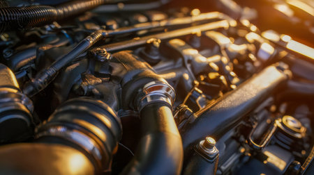 A close-up of advanced automotive machinery showcasing intricate piping, secure clamps, and...