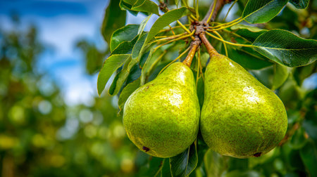 Bright sunlight illuminates a pair of lush green pears nestled among vibrant leaves, set against a crisp blue sky in a lively orchard scene.の写真素材