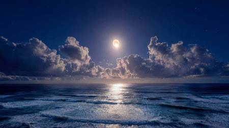 A tranquil nocturnal scene where gentle waves reflect the luminous glow of a full moon, amid striking cloud formations that enhance the sense of quiet contemplationの写真素材