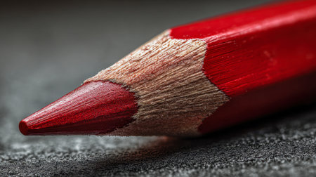 An extreme close-up reveals the intricate grain of a vivid red pencil?s tip, highlighting the layered wood and rich pigment against a textured dark backdrop.の写真素材