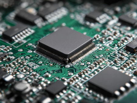 An up-close shot of a high-tech circuit board showing a central processing core amid complex emerald traces and diverse miniature components, highlighting modernの写真素材