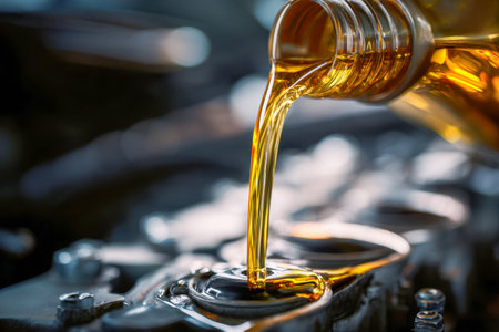 A precise, detailed view of motor oil cascading into an engine compartment, highlighting shiny metallic components and the lubrication process during vehicle upkeep.の写真素材