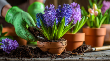 Green-gloved hands carefully arrange lively purple hyacinths into terracotta containers, atop a wooden surface, capturing the essence of springtime gardening.の写真素材