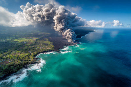 An expansive aerial scene captures molten red lava spilling into vibrant turquoise waters, unleashing a dark ash cloud against a dense green shoreline beneath a clouの写真素材