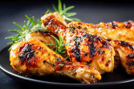 Juicy, perfectly charred chicken tenders glisten with a crispy golden crust, accented by fragrant rosemary and vibrant herbs, presented on a sleek dark dish.の写真素材