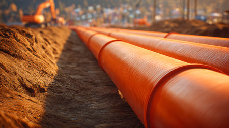 Massive vibrant orange cylinders are arranged methodically across a sunlit excavation zone, poised for integration into a major infrastructure project.の写真素材