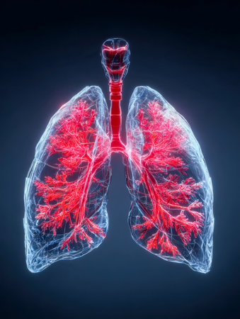 An intricate digital illustration showing the human respiratory system, with the bronchial pathways and trachea vividly emphasized in red against a dark backdrop.の写真素材