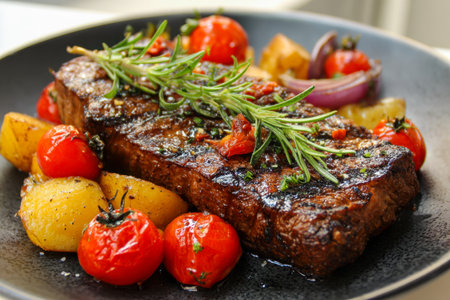 Juicy grilled beef topped with aromatic rosemary, accompanied by roasted cherry tomatoes, crispy golden potatoes, and caramelized red onions on a sleek black plate,の写真素材