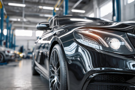 A glossy black high-end vehicle with glowing headlights rests inside a large, well-equipped maintenance workshop, evoking elegance amid professional surroundings.の写真素材