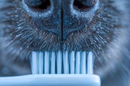 A close-up of a canine's moist nose and delicate whiskers alongside soft white bristles, set against a calming blue backdrop, highlighting gentle intimacy.の写真素材