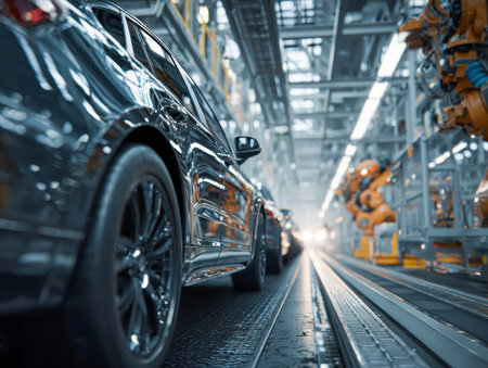 A futuristic factory setting showcasing streamlined vehicles and robotic machinery meticulously constructing automobiles under vibrant illumination.の写真素材