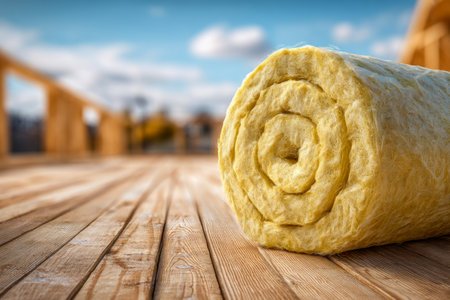 Bright yellow fiberglass rolls rest on rustic wood planks, with a distant construction site and a partly cloudy sky creating an energetic outdoor setting.の写真素材