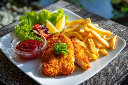 Savory crispy chicken fillets rest atop a clean white dish, accompanied by crunchy fries, crisp greens, zesty lemon slices, and tangy ketchup, all set outdoors for aの写真素材