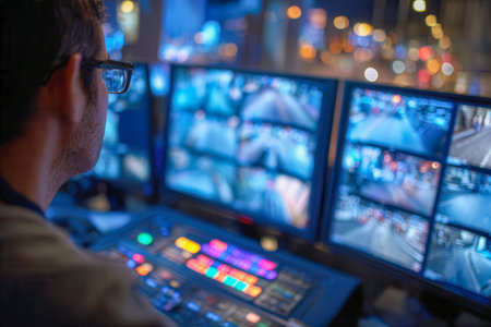 A focused technician observes various security footage on multiple monitors, illuminated by a...