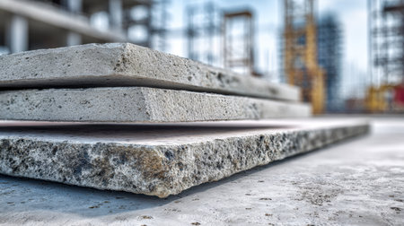 Concrete blocks are neatly arranged on a construction zone, with an industrial scaffolding structure in the background, illustrating ongoing building development.の写真素材