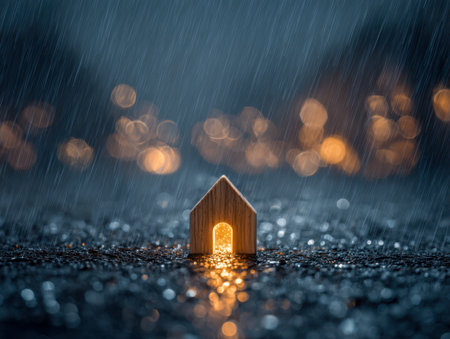 A small wooden retreat radiates a welcoming glow through rain-soaked darkness, with soft golden bokeh creating an aura of tranquility and refuge.の写真素材