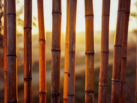 Sunlight filters through vertical bamboo canes, highlighting their intricate textures and casting a gentle, golden hue, fostering a peaceful outdoor ambiance.の写真素材