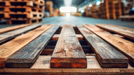 Weathered wooden pallets are neatly piled in a generous, well-lit warehouse, with a softly blurred backdrop revealing expansive storage and supply chain activity.の写真素材