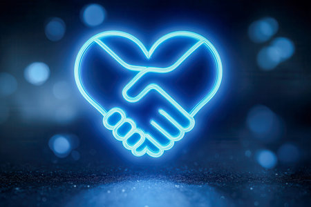 A luminous neon emblem of two hands clasped within a heart, embodying collaboration and confidence...