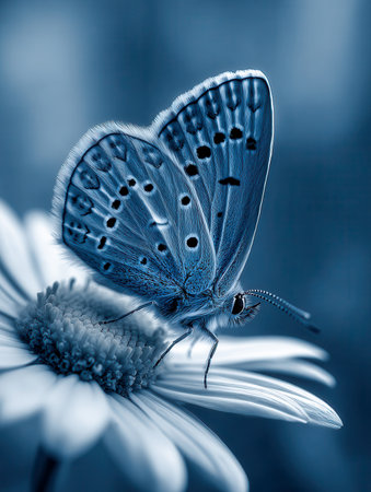 A gentle blue butterfly rests on a fresh white daisy, revealing fine wing detail amid a softly blurred garden scene that exudes serenity and natural elegance.の写真素材