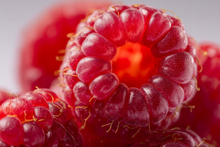A clustered collection of vivid red raspberries displaying intricate surface details and succulent freshness, illuminated in a gentle, glowing ambiance.の写真素材