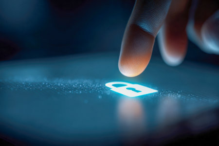 A poised finger approaches a luminous security emblem on a sleek digital interface, signaling protection, privacy, and advanced cybersecurity measures.の写真素材