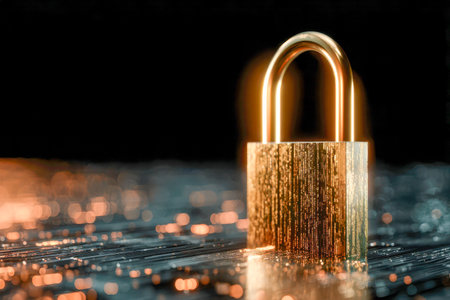 A luminous golden lock set against a high-tech backdrop of shimmering bokeh lights and intricate electronic circuitry, embodying cutting-edge security and digital reの写真素材