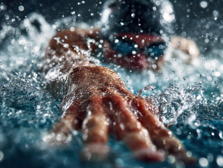 An athlete propels gracefully into the water, demonstrating determination and strength, with droplets flying off their hand amid a vibrant pool setting.の写真素材