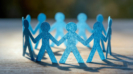 Colorful paper figures in blue form a harmonious circle, illustrating collaboration and collective...