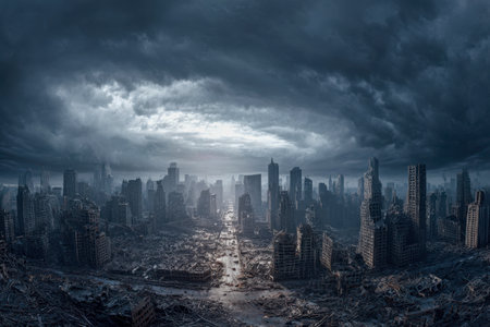 A sprawling, ruined metropolis lies shrouded in shadows, with broken buildings and deserted streets beneath a menacing, swirling storm-filled sky at dusk.の写真素材