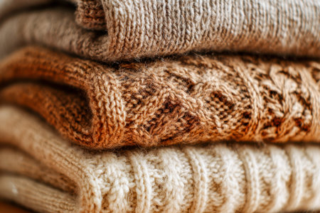 A carefully arranged pile of soft, earthy-toned knitwear highlighting detailed wool patterns and...