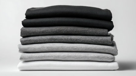A collection of carefully aligned garments in monochrome hues, showcasing simplicity and elegance against a gentle illuminated backdrop suitable for modern design diの写真素材