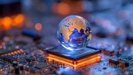 A luminous digital sphere representing Earth's continents rests atop a vibrant, glowing microchip, illustrating worldwide connectivity and cutting-edge electronic adの写真素材