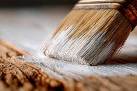A detailed shot captures the textured grain of a wooden plank as creamy white paint is applied with a natural bristle brush, revealing rich brushwork and surface detailの写真素材