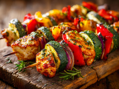 Juicy grilled chicken and colorful vegetable kebabs adorned with fresh herbs, presented on a rustic wooden board for inviting countryside-inspired dining.の写真素材