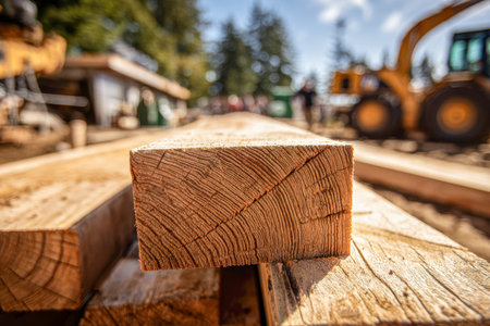 Close-up of richly textured timber surfaces showcasing intricate grain designs, set amid outdoor industrial equipment with a soft-focus landscape of trees and sky inの写真素材