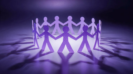 Vibrant purple paper silhouettes interconnected in a circular formation cast striking shadows on a glossy surface, emphasizing harmony and collective strength underの写真素材