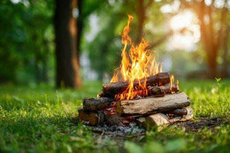 A flickering flame cast golden light over lush green grass, surrounded by towering trees and gentle...