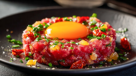 A gourmet presentation of finely chopped raw beef topped with a rich, golden yolk, accented by fresh herbs and sweet sun-dried tomatoes, elegantly displayed on a sleの写真素材