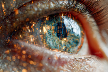 A captivating close-up of a vibrant cityscape mirrored in a blue eye, accentuated by intricate lashes and shimmering makeup that add a touch of glamor and mystery.の写真素材