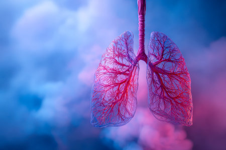 A vivid digital portrayal highlighting the intricate network of lung tissues and blood vessels, illuminated in striking hues amid gentle, cloud-like surroundings, emの写真素材
