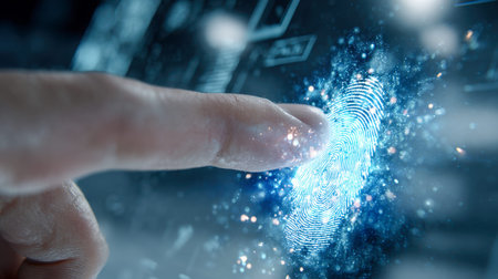 A human finger gently presses a glowing scanner's surface, revealing a sleek, high-tech interface designed for advanced biometric access and security systems.の写真素材