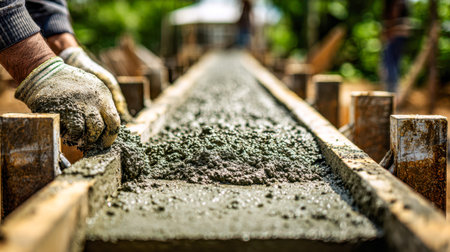 A construction worker applies expert pressure with gloves to level recent concrete, surrounded by...