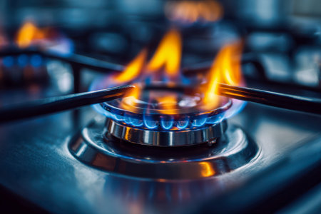 Vibrant blue and orange tongues of fire dance atop a sleek stainless steel cooktop, set against a...