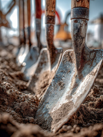 Sunlit garden tools lean against freshly turned earth, their weathered handles awaiting the next phase of planting or outdoor transformation.の写真素材
