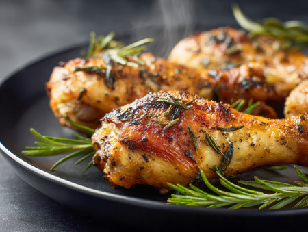 Juicy chicken drumsticks topped with fragrant herbs and sprigs of rosemary, steaming hot on a dark plate, set against a cozy, rustic kitchen ambiance.の写真素材