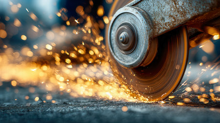 A high-energy scene capturing a worker operating a grinding tool, unleashing a shower of glowing sparks that highlight precise craftsmanship in a busy workshop settiの写真素材